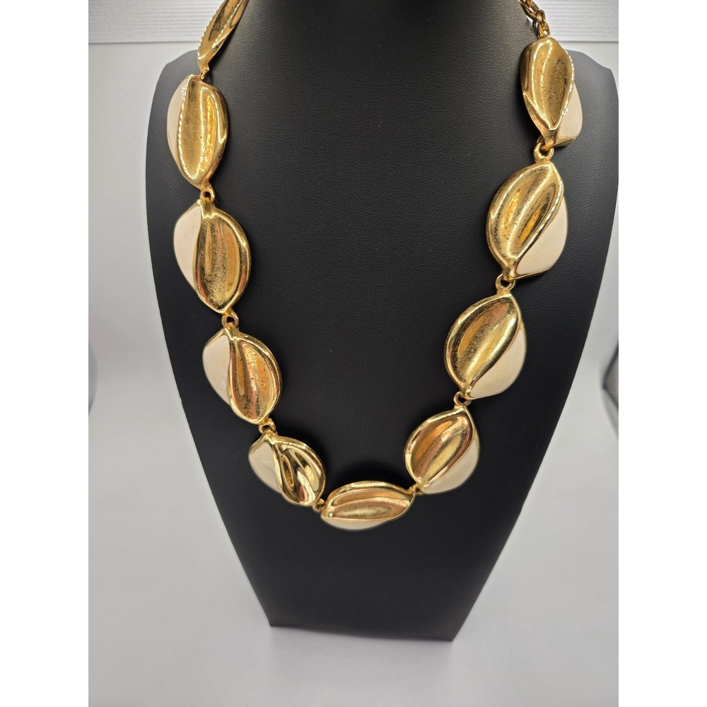 Vintage Modernist Gold Tone Cream Enamel Chunky Link Statement Collar Necklace